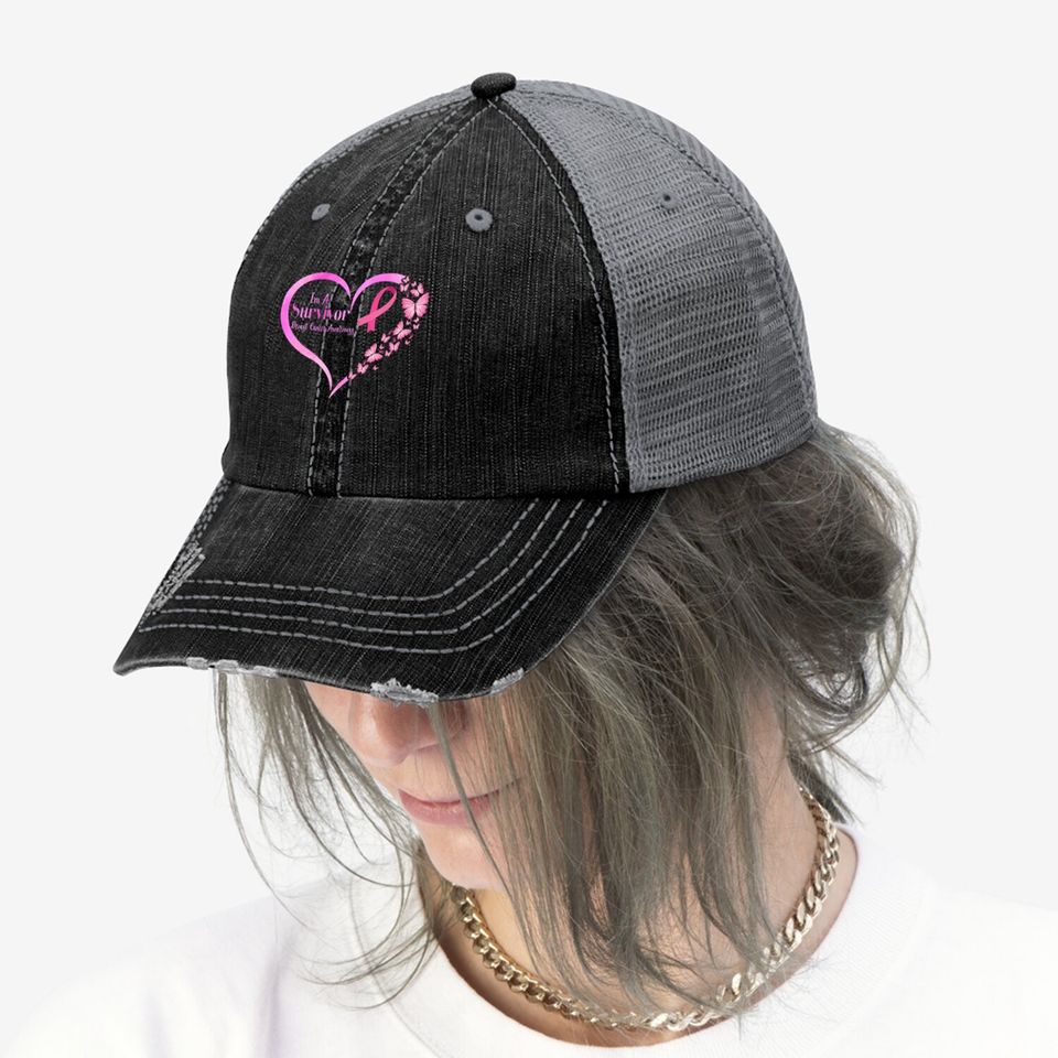 Pink Butterfly Heart I'm A Survivor Breast Cancer Awareness Trucker Hat
