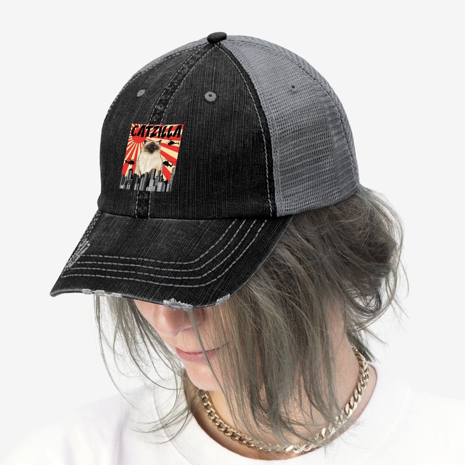 Retro Japanese Catzilla Himalayan Cat Trucker Hat
