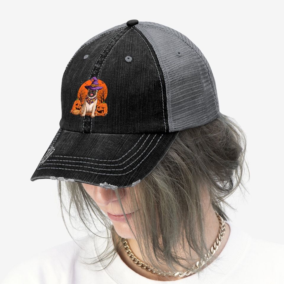 Halloween Pug Dog Witch Hat Pumpkin Moon Trucker Hat