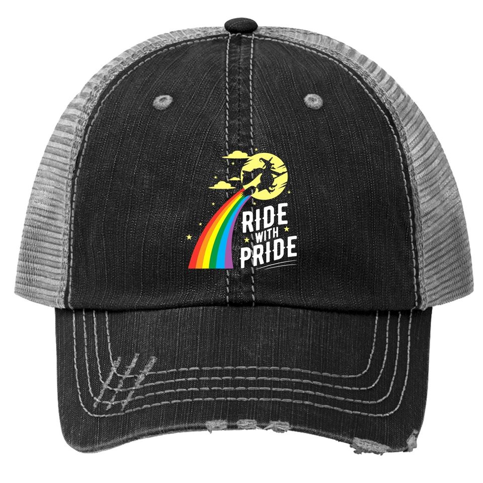 Ride With Pride Lgbt Gay Lesbian Witch Halloween Trucker Hat