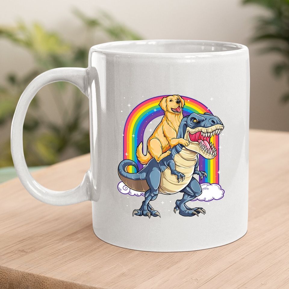 Golden Retriever Riding Dinosaur Coffee Mug