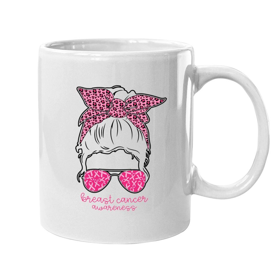 Breast Cancer Awareness Messy Bun Leopard Print Pink Ribbon Coffee Mug