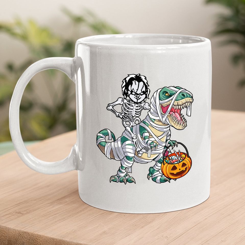 Chucky Riding Mummy Dinosaur T-rex Halloween Coffee Mug