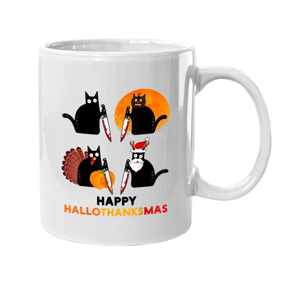 Happy Hallothanksmas Black Cat Halloween Thanksgiving Coffee Mug