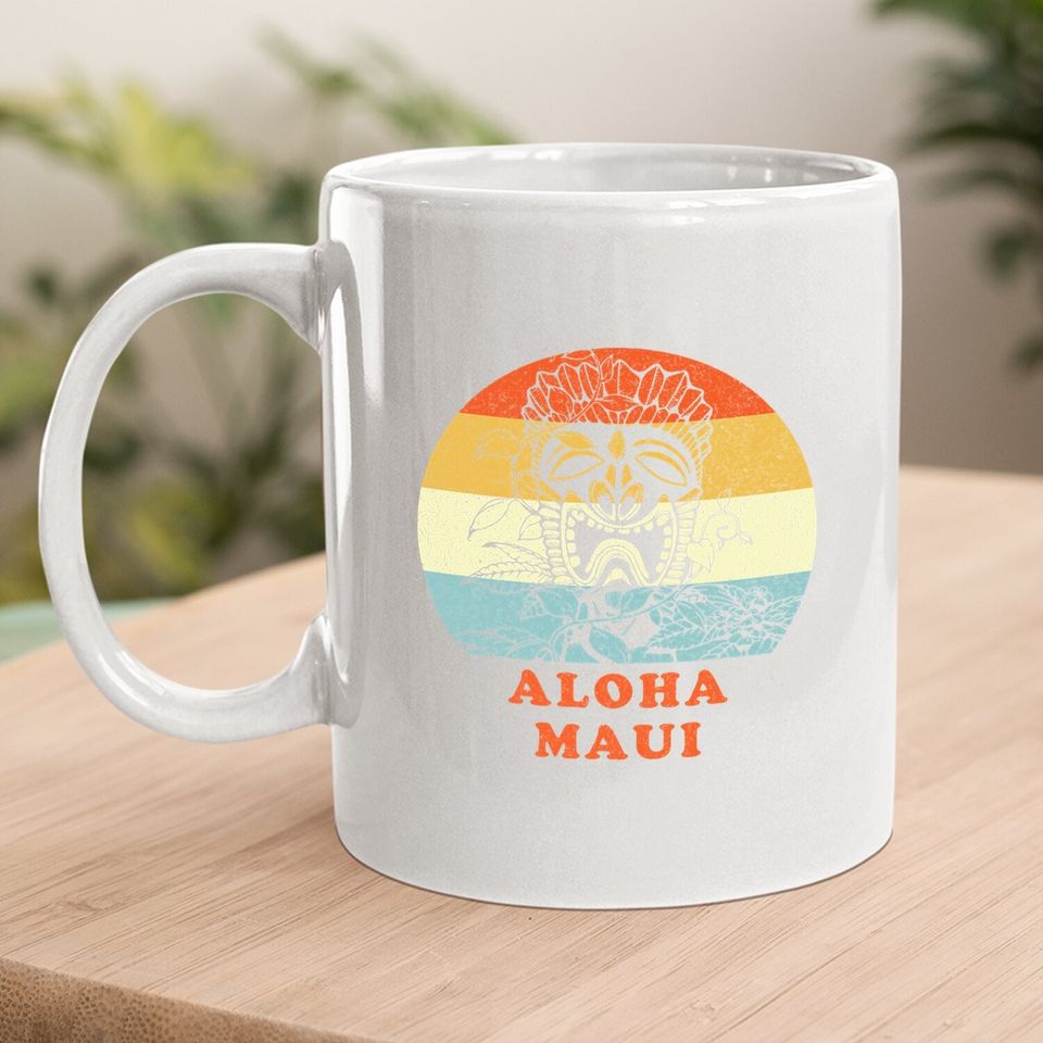 Aloha Maui Hawaiian Tiki Statue Vintage Retro Vacation Coffee Mug