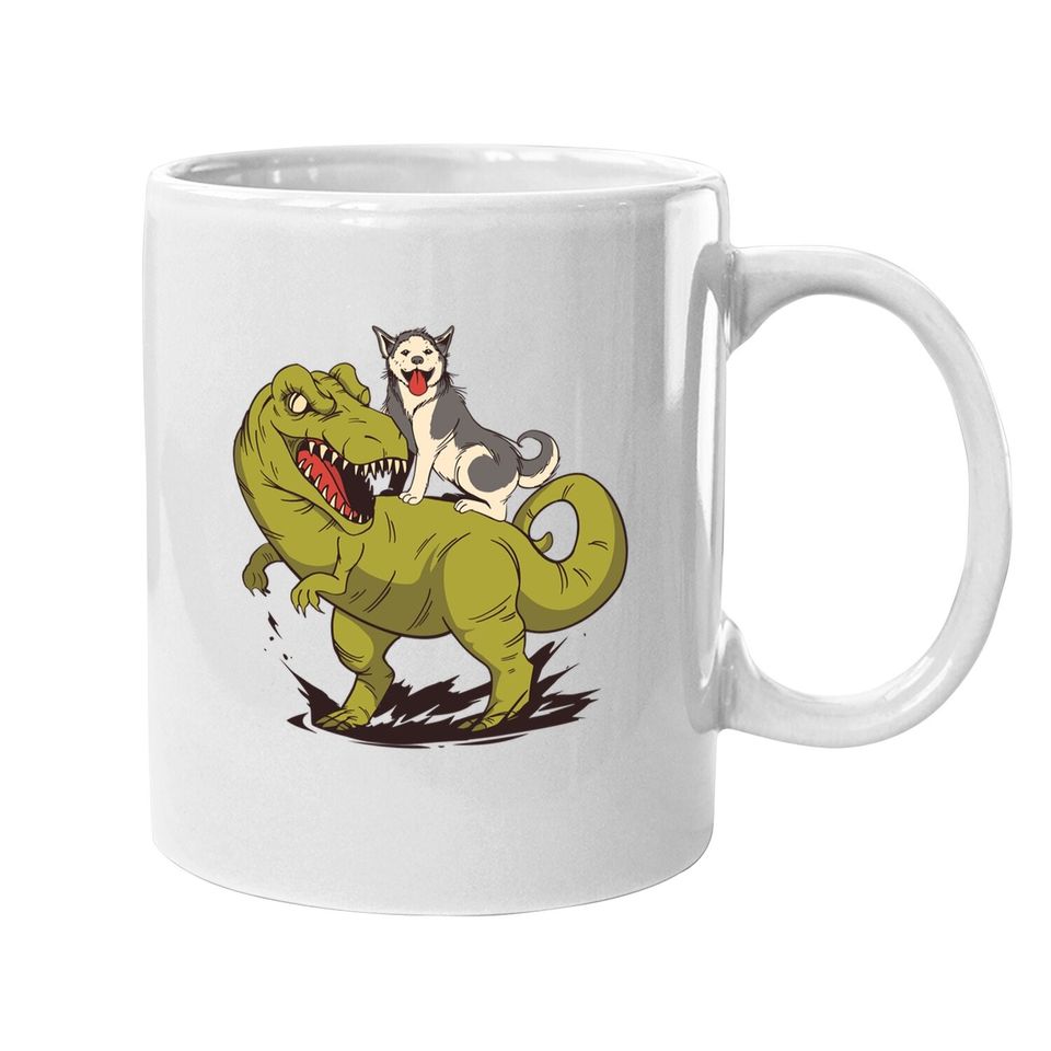 Siberian Husky Dog Riding Dinosaur Coffee Mug