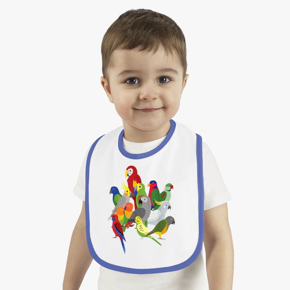 Parrot Flock - Macaw, Cockatoo, African Grey, & Budgie Baby Bib