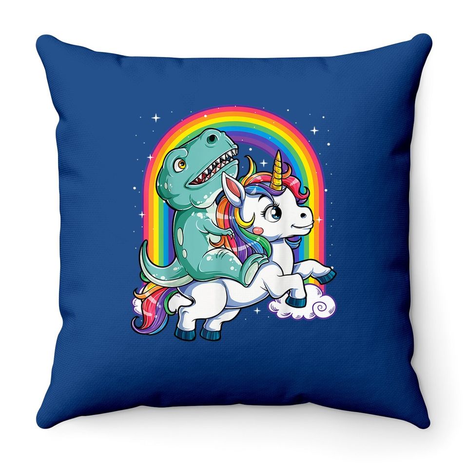 Dinosaur Riding Unicorn Throw Pillow Rainbow Gifts T Rex