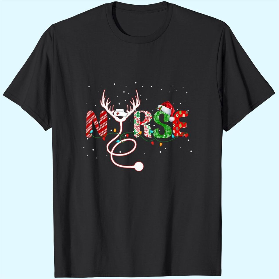 Nurse Christmas Tee Santa Hat Snow Stethoscope Reindeer T-Shirt