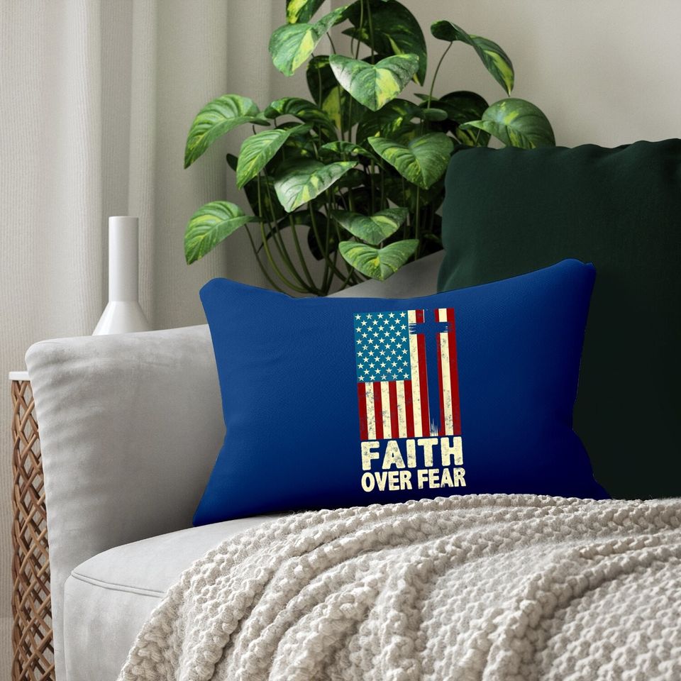 Faith Over Fear Cool Christian Cross Us Flag Lumbar Pillow