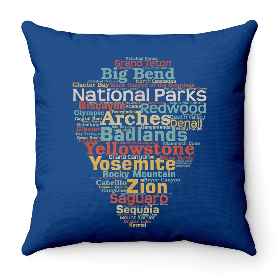 National Parks List Word Cloud Camping Hiking Throw Pillow