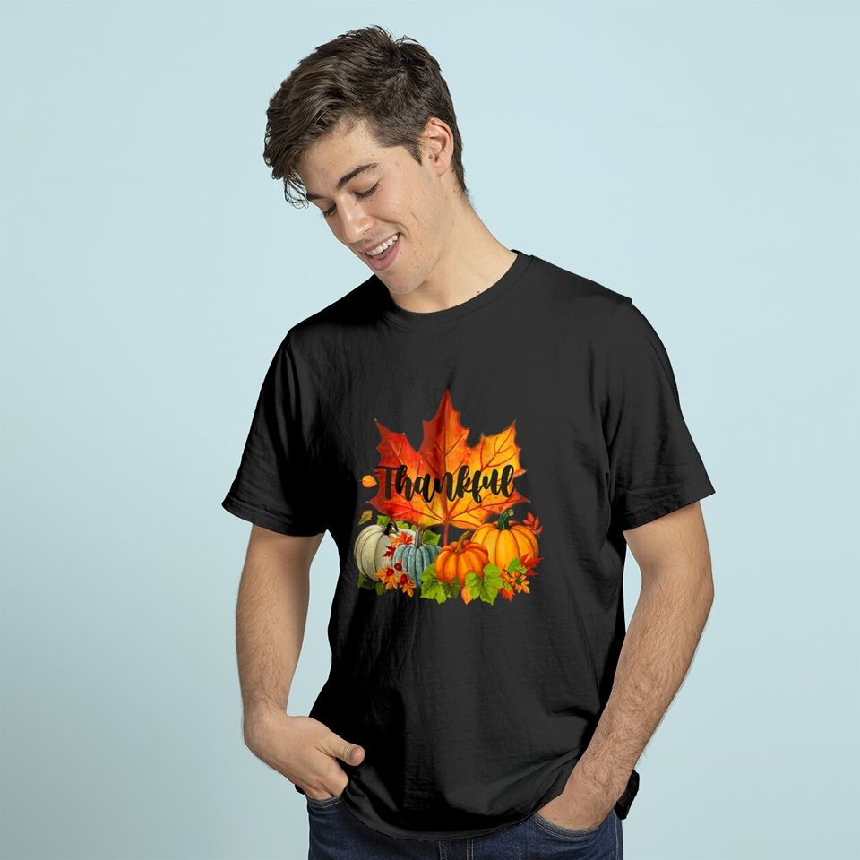 Happpy Thanksgiving Day Autumn Fall Maple Leaves Thankful T-Shirt