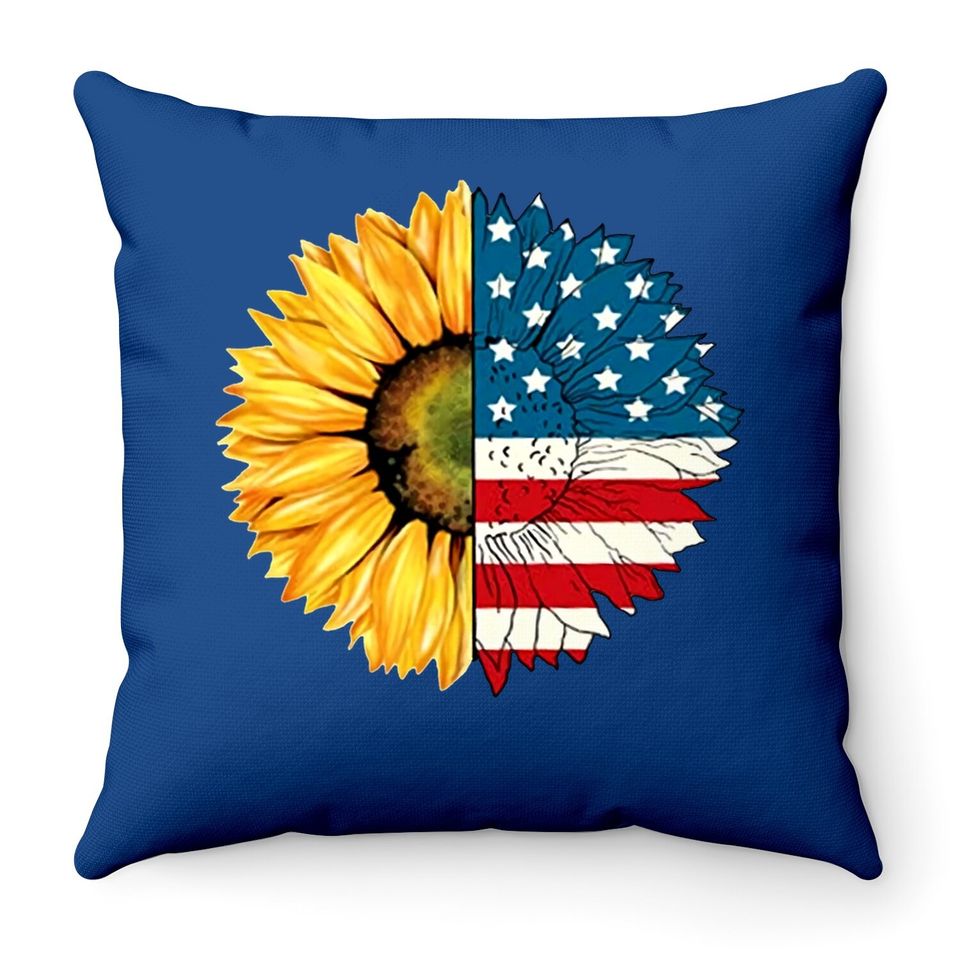 Honeygod 4th July American Patriotic Flower Throw Pillow Sunflower American Flag Throw Pillow Graphic Crew Neck Short Sleeve Throw Pillow