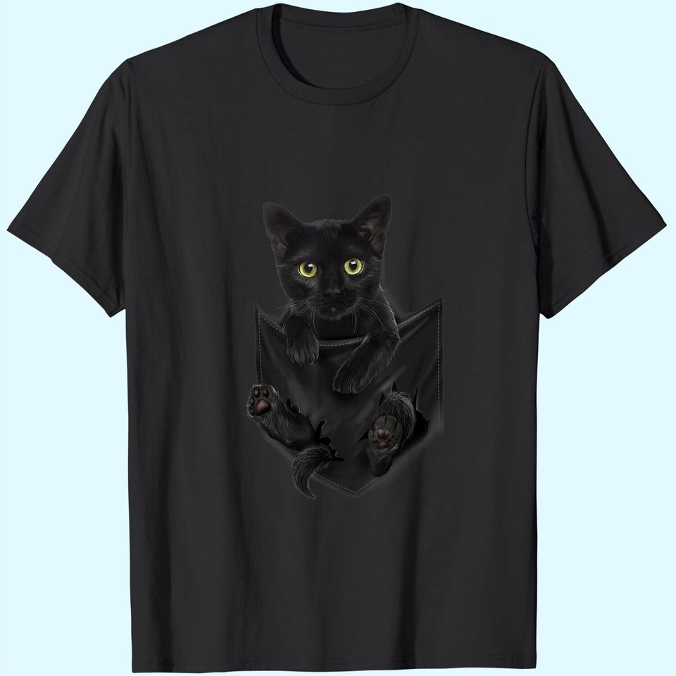 Black Cat Stern in Pocket T-Shirt Cats Tee Shirt Gifts