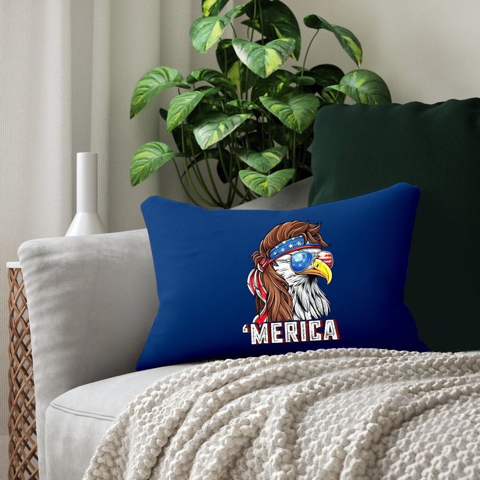 Merica Usa American Flag Patriotic 4th Of July Bald Eagle Lumbar Pillow