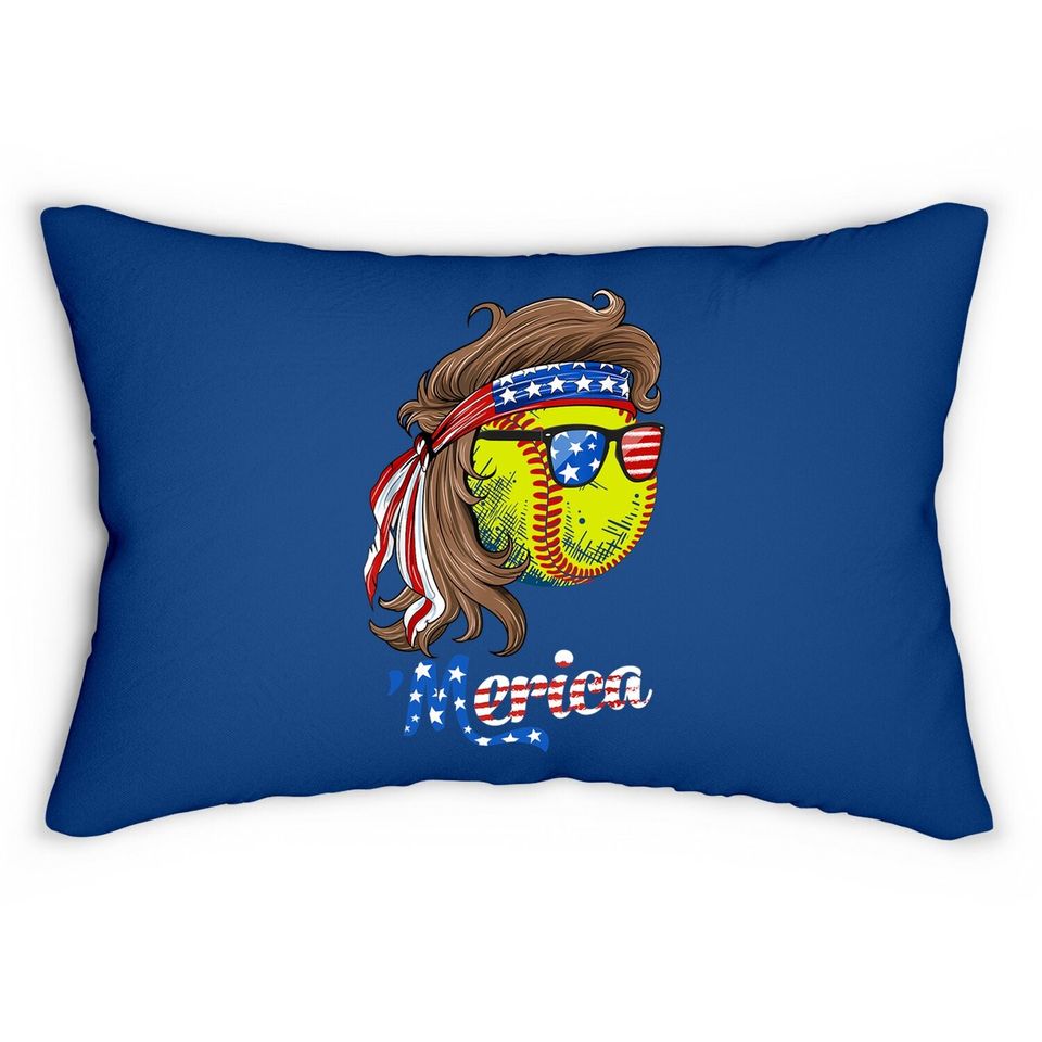 Softball Mullet American Flag Merica Fathers Day Lumbar Pillow