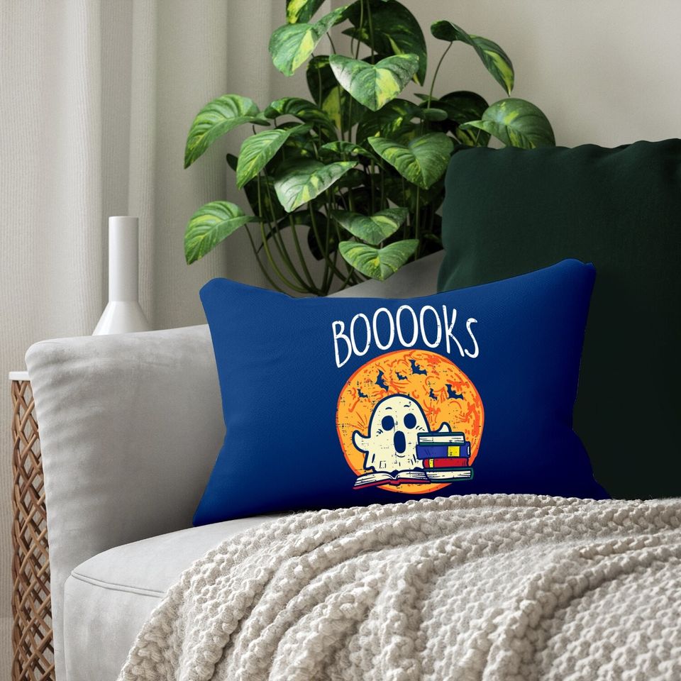 Boooks Moon Ghost Halloween Bookworm Librarian Teacher Book Lumbar Pillow