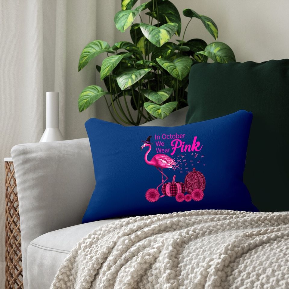In October We Wear Pink Witch Flamingo Pumpkin Breast Cancer Premium Lumbar Pillow