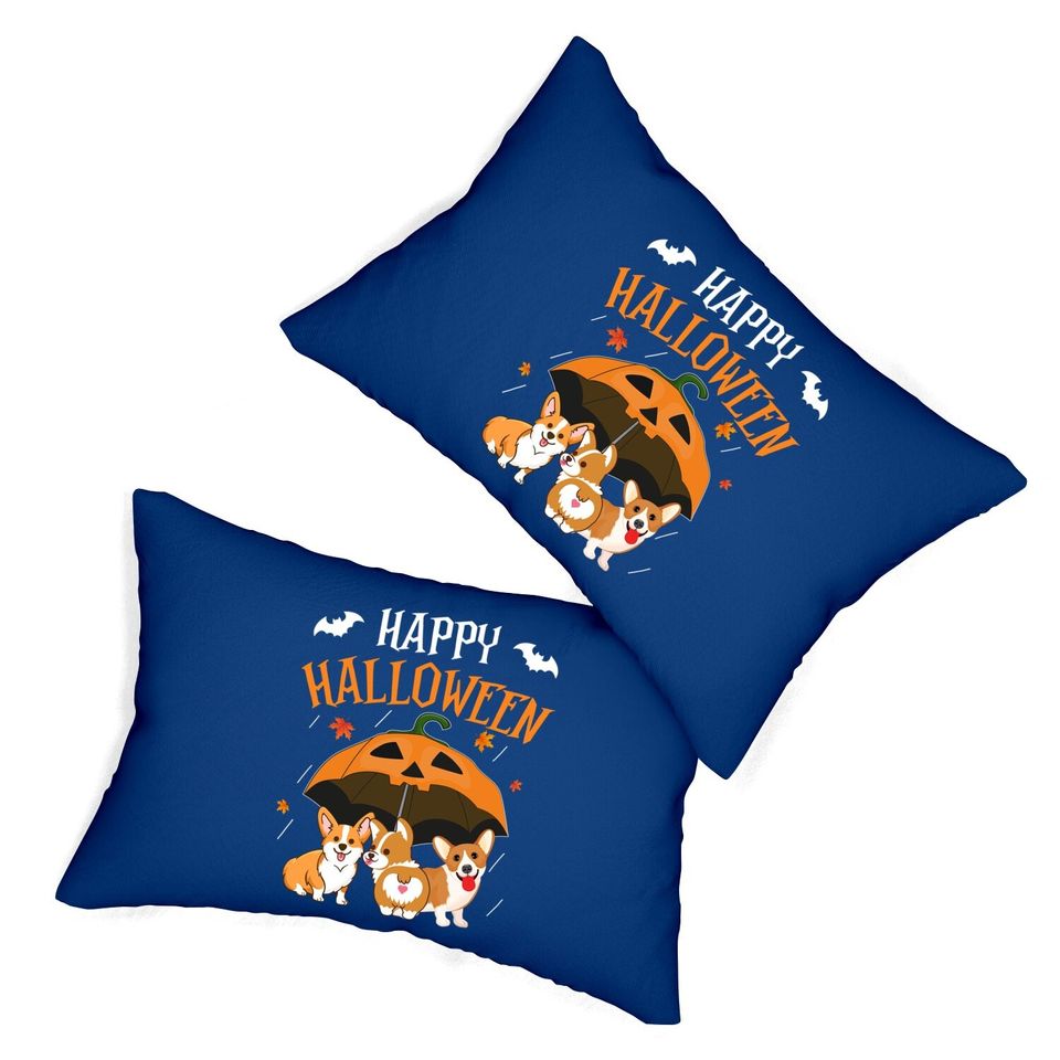 Halloween Corgi In Scary Umbrella Rain Night Pumpkin Lumbar Pillow