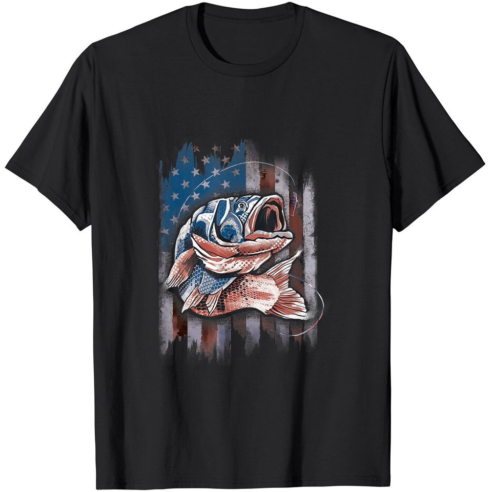 Fishing Fisherman USA Vintage Amercian Flag Fishing T-Shirt