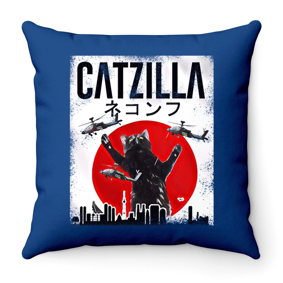 Vintage Catzilla Japanese Sunset Style Cat  throw Pillow