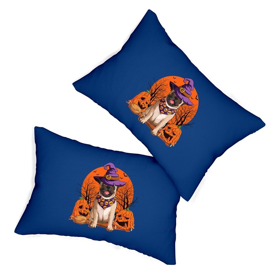 Halloween Pug Dog Witch Hat Pumpkin Moon Lumbar Pillow