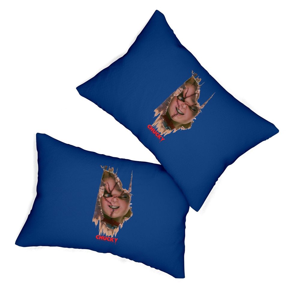 Child's Play Broken Door Here's Chucky Poster Lumbar Pillow
