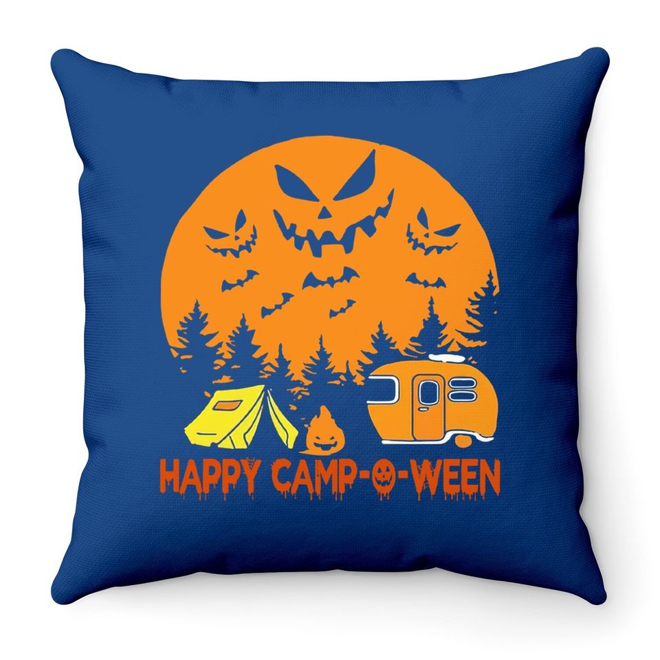 Happy Camp-o-ween Halloween Camping Camper Throw Pillow