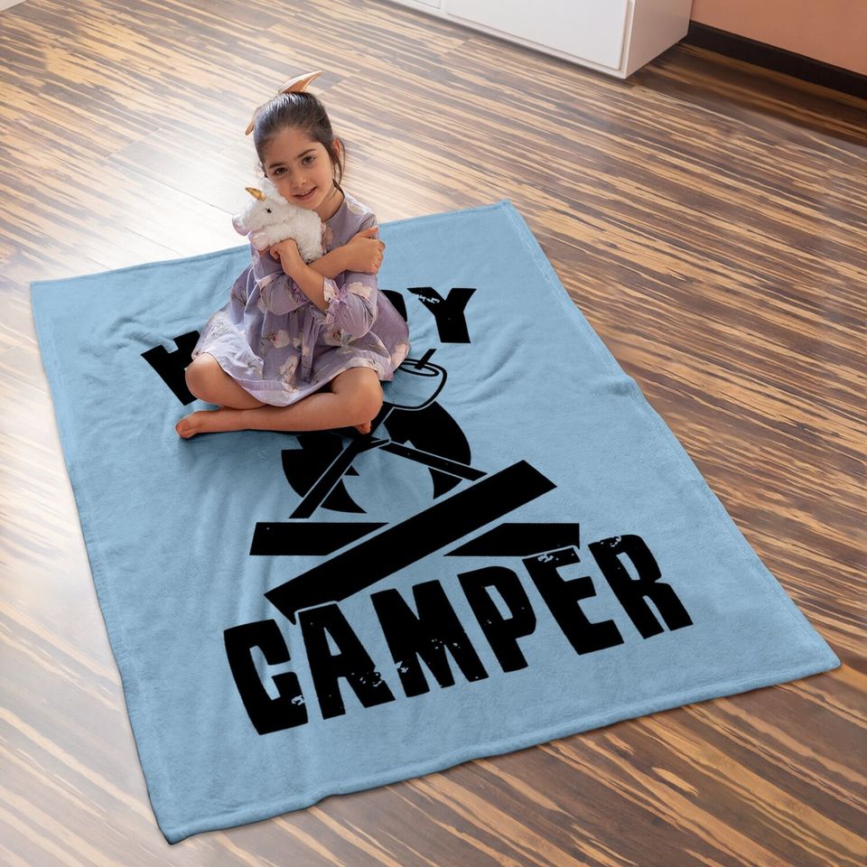 Happy Camper Baby Blanket Funny Camping Cool Hiking Graphic Vintage Baby Blanket 80s Saying