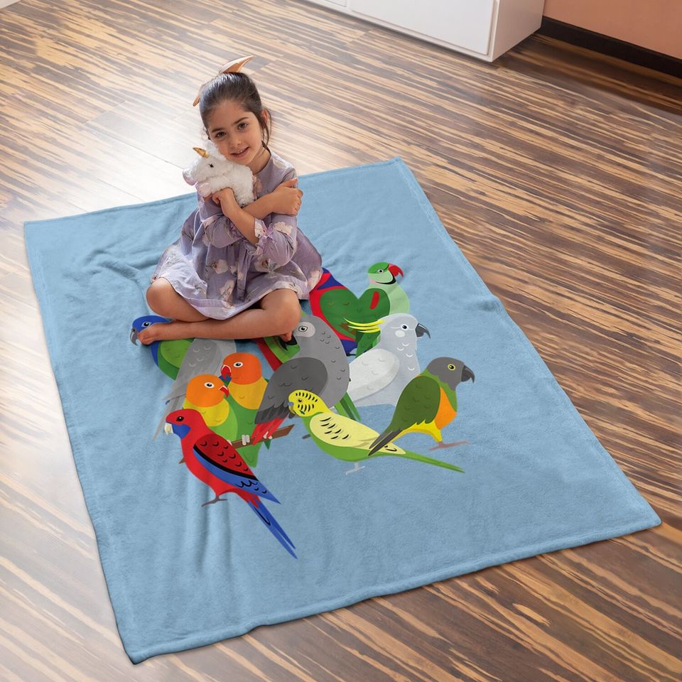 Parrot Flock - Macaw, Cockatoo, African Grey, & Budgie Baby Blanket