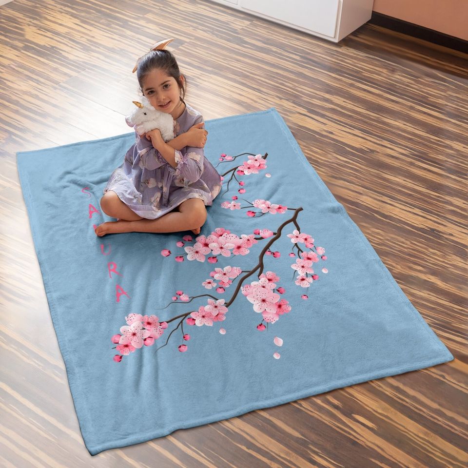 Vintage Sakura Cherry Blossom Japanese Graphical Art Baby Blanket