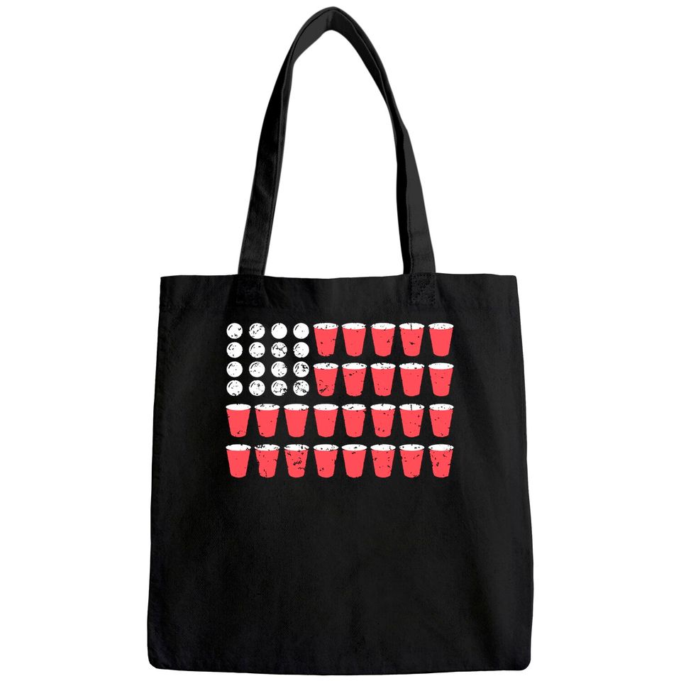 Mens American Flag Beer Pong Tote Bag Funny Fourth of July Drinking Tee for Guys