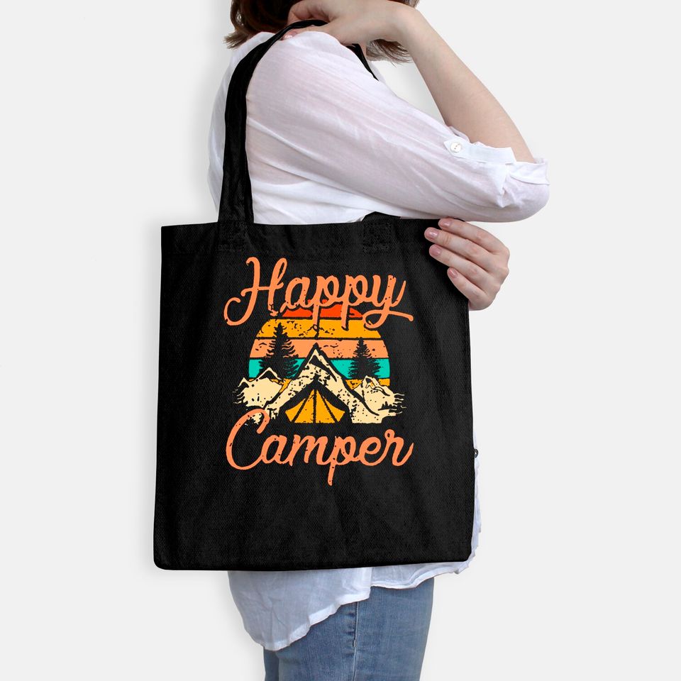 Happy Camper Tote Bag for Women Camping Tee Tote Bag Funny Cute Graphic Tee Short Sleeve Letter Print Casual Tee Tops