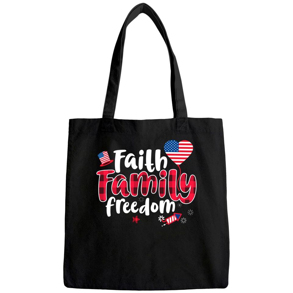 Faith Family Freedom Tote Bag 4th of July Buffalo Plaid Gift
