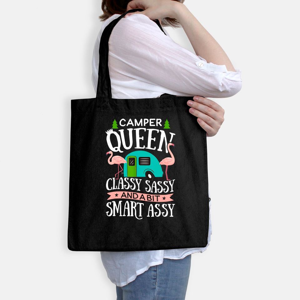 Camper Queen Classy Sassy And A Bit Smart Assy Tote Bag Camping RV Flamingo Trailer