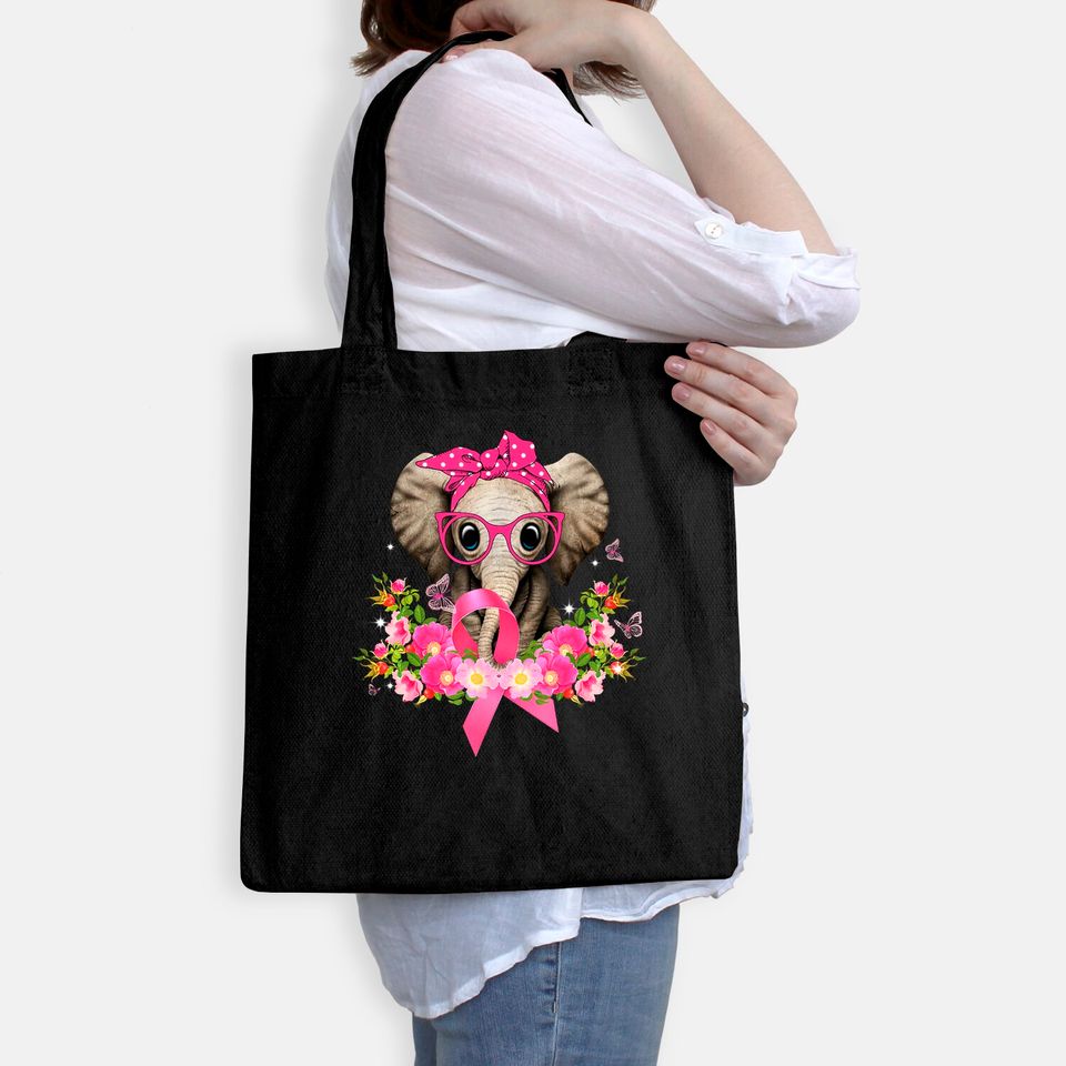Breast Cancer Awareness Cute Elephant Flowers Pink Ribbon Tote Bag