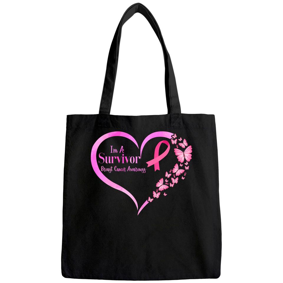 Pink Butterfly Heart I'm A Survivor Breast Cancer Awareness Tote Bag