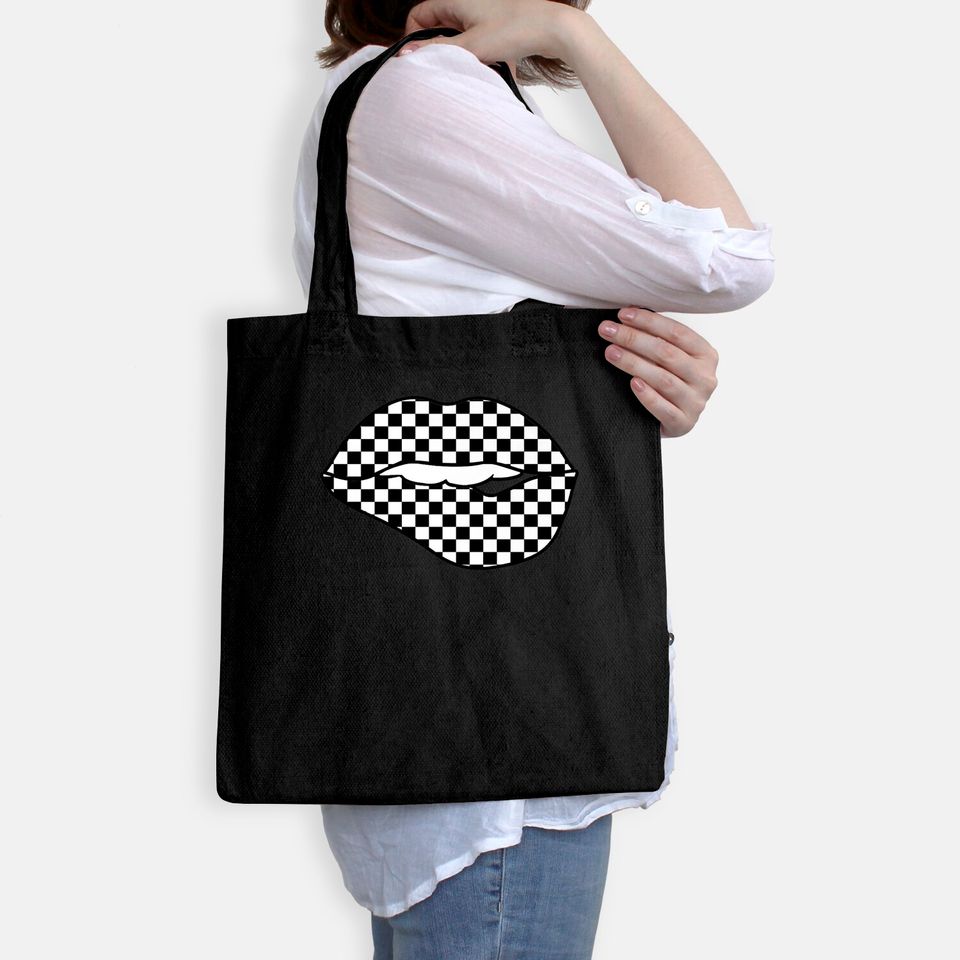 Checkered Black White Lip Gift Checkerboard Women Tote Bag