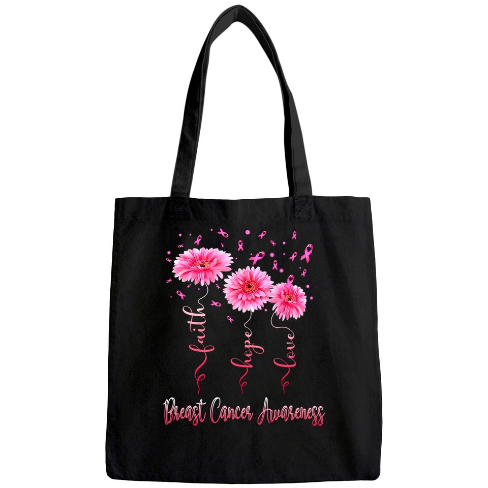 Faith Hope Love Pink Daisy Flower Breast Cancer Awareness Tote Bag