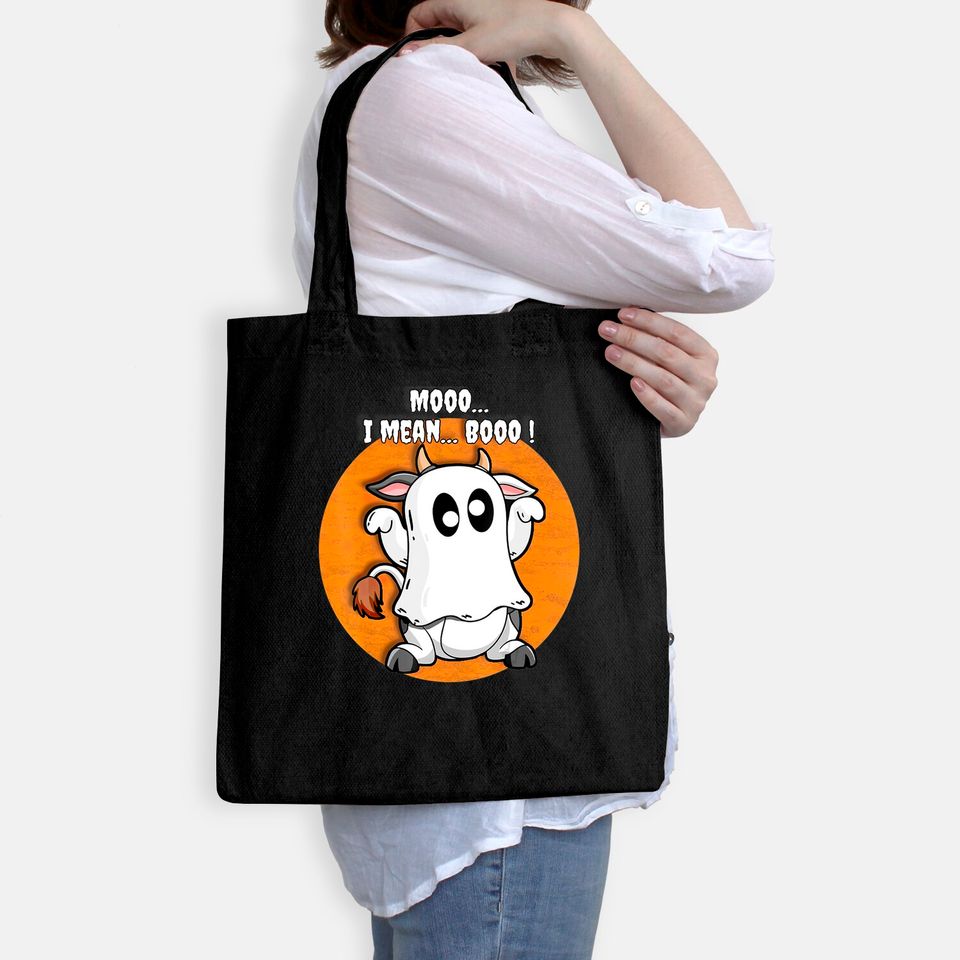 Ghost Cow Moo I Mean Boo Pumpkin Halloween Tote Bag