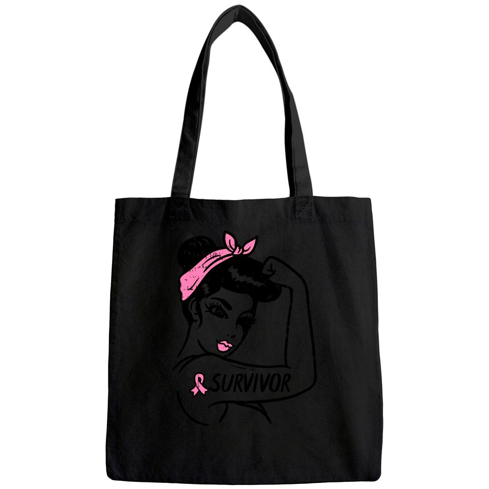 Breast Cancer Survivor Rosie Riveter Pink Awareness Women Tote Bag