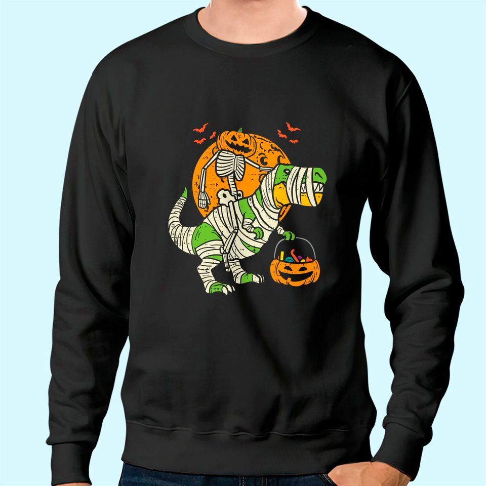Kids Pumpkin Skeleton On Trex Funny Halloween Dinosaur Sweatshirt