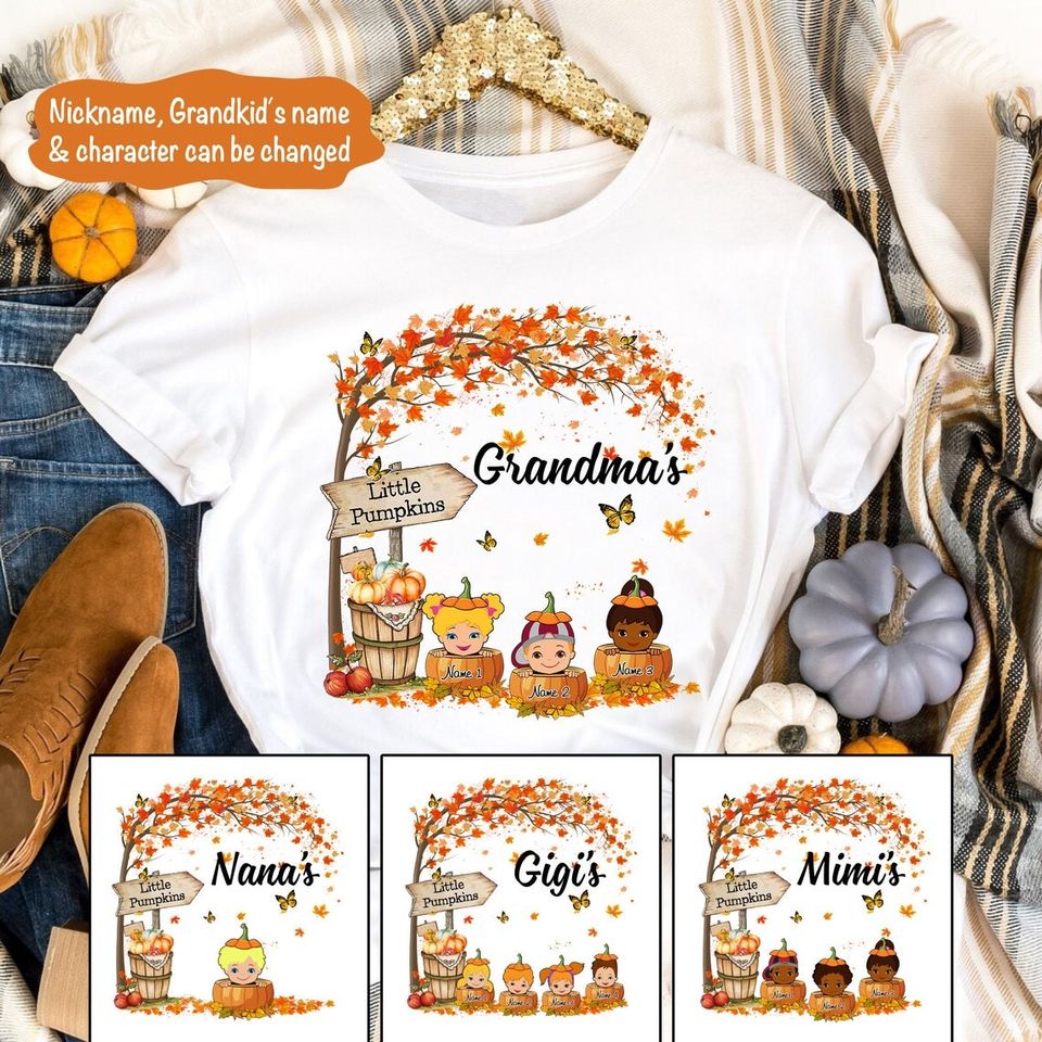 Personalized Grandma's Little Pumpkin Autumn Halloween Family Matching T Shirt
