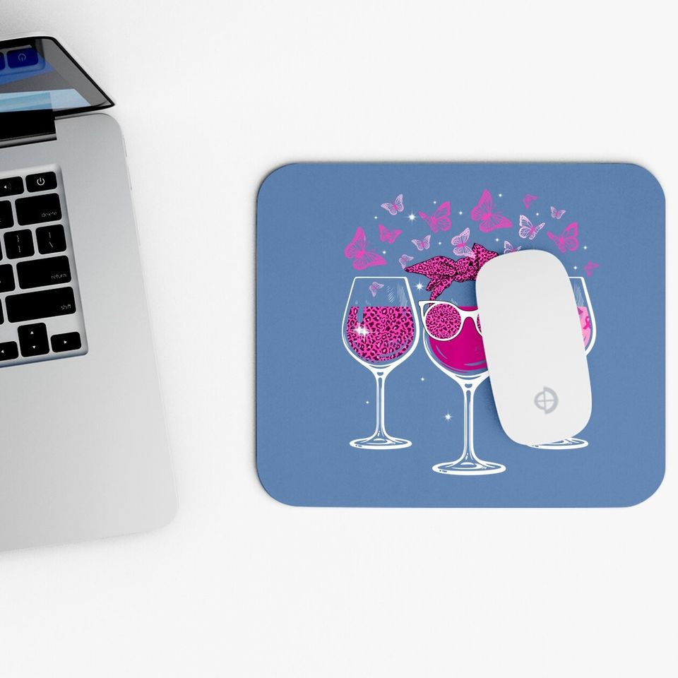 Wine Glass Butterfly Breast Cancer Awareness Pink Ribbon Mouse Pad