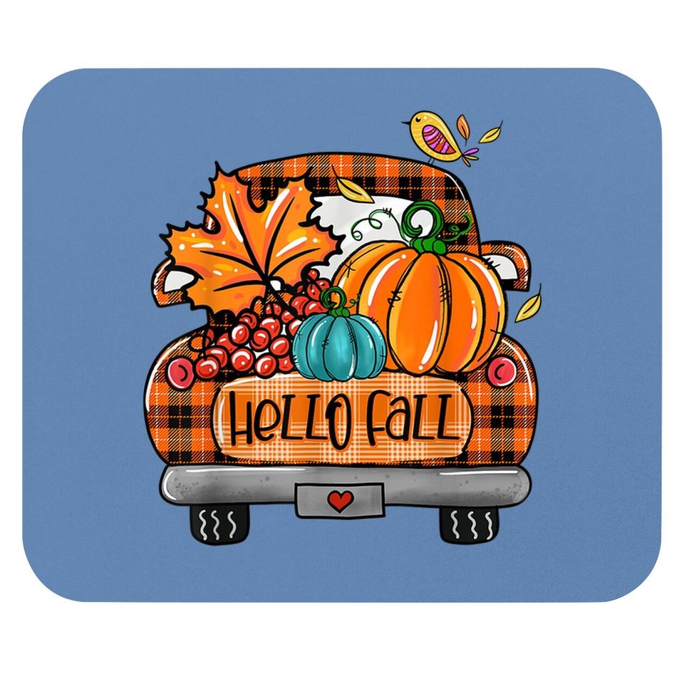 Hello Fall Orange Plaid Truck Pumpkin Fall Autumn Mouse Pad