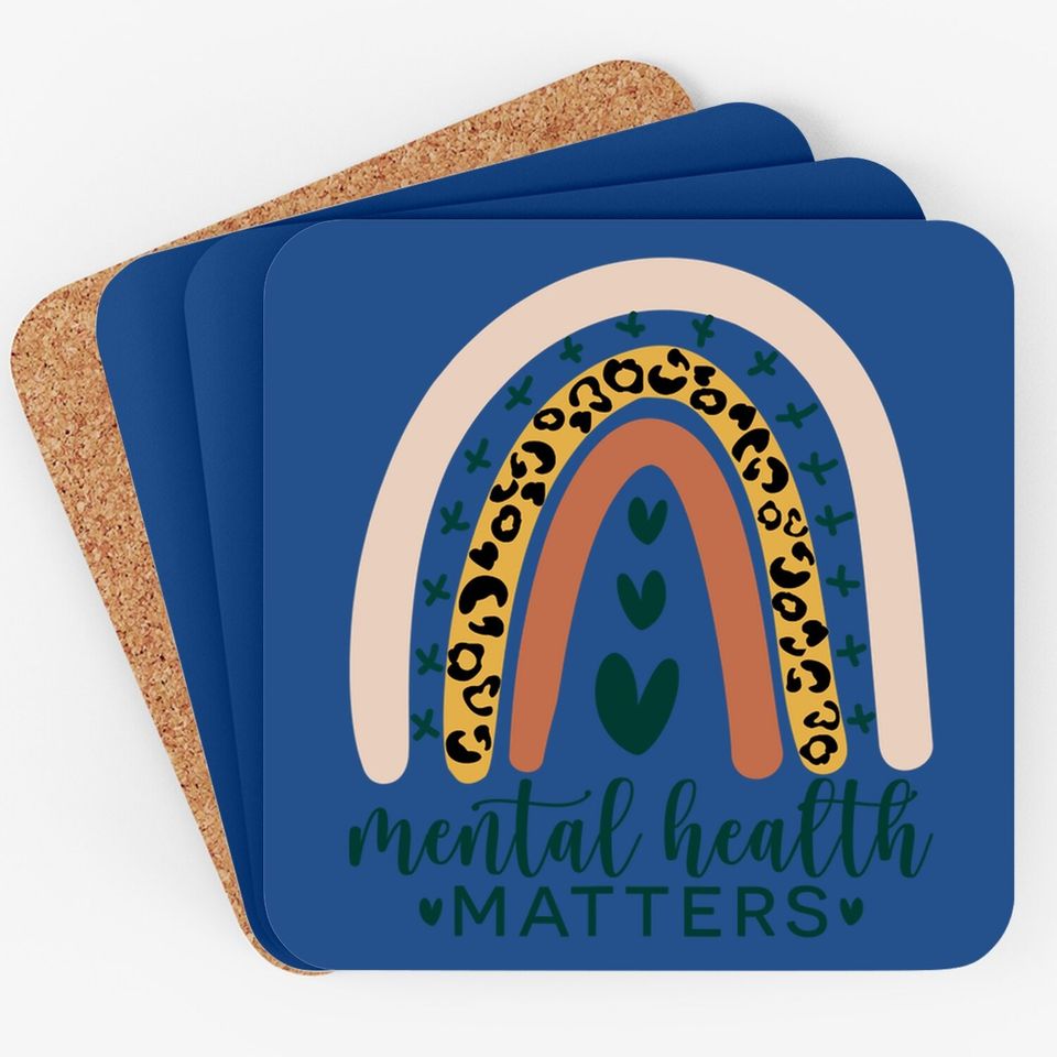 Mental Health Matters Leopard Print Boho Rainbow Awareness Coaster