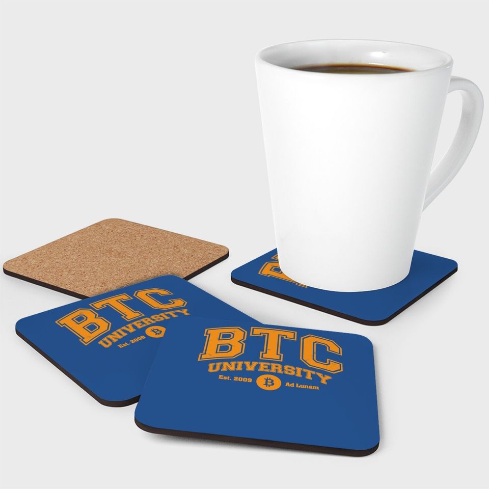 Btc University To The Moon, Funny Distressed Bitcoin College Coaster