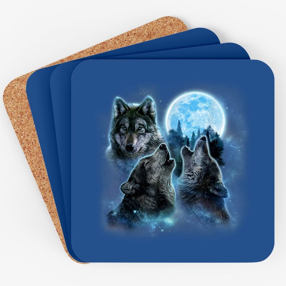 Three Wolves Howling Under Icy Full Moon Coaster