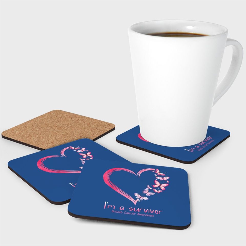 Pink Butterfly Heart I'm A Survivor Breast Cancer Awareness Coaster