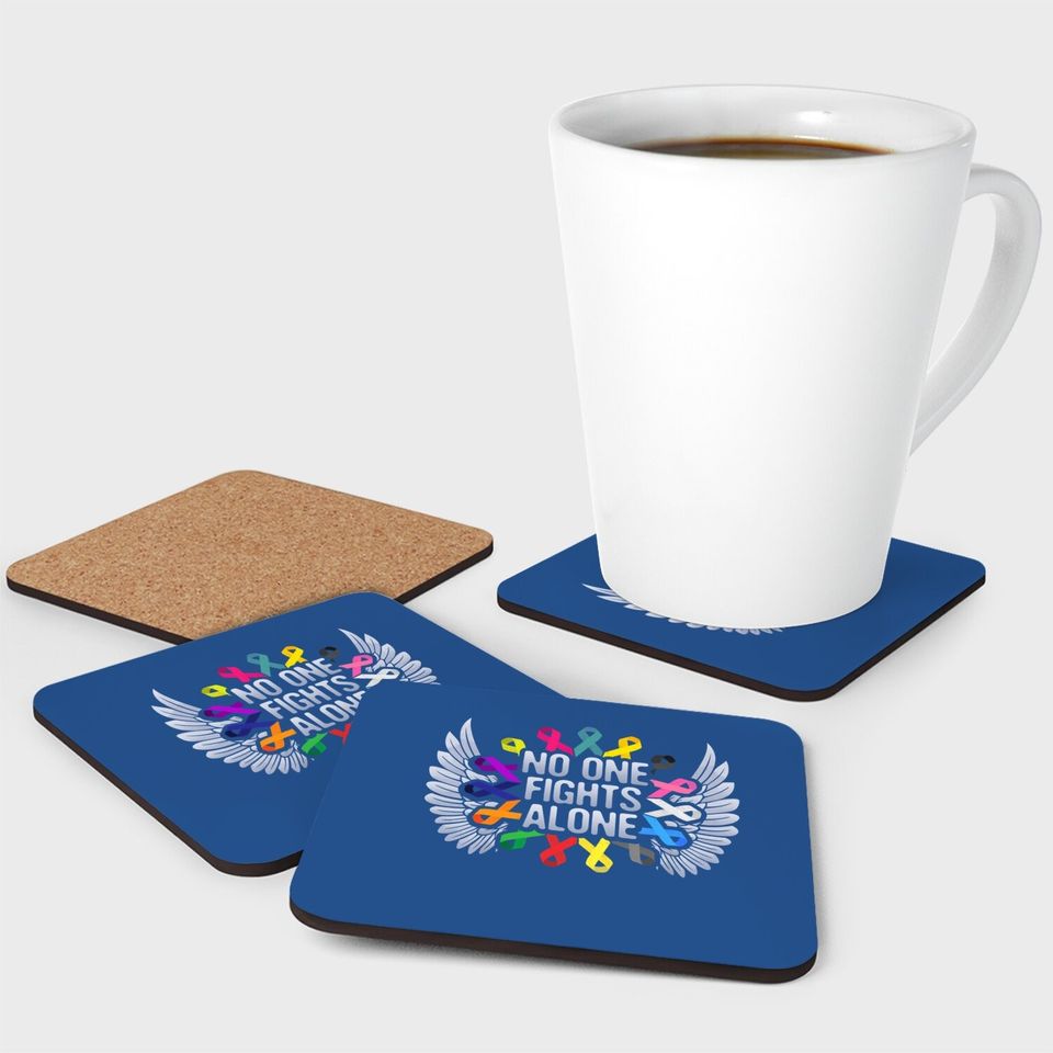 No One Fights Alone Multicolor Ribbon For Cancer Awareness Coaster